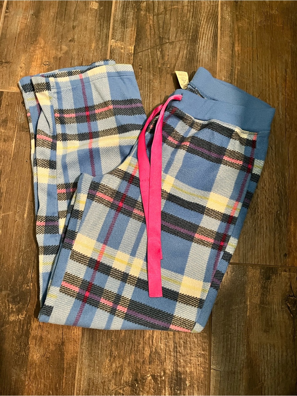 Faded Glory Blue Plaid Fleece Pants with Pink Drawstring